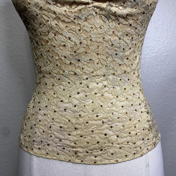 Rare Vintage 90's Forever 21 Bedazzled Gold Lace Glam Grunge Rouched Tank Top - Picture 7 of 16
